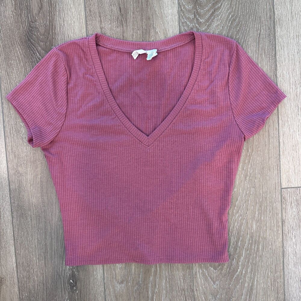 Mauve Ribbed Short‎ Sleeve Tilly's V Neck Crop Top Size Large